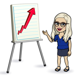 Bitmoji Shelley presents a chart with a red arrow pointing up