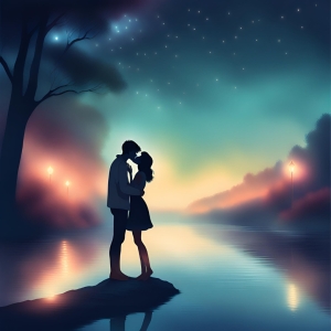 A young couple kiss by a river at night
