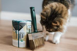 A cat sniffs a paintbrush leaning on a can of paint.